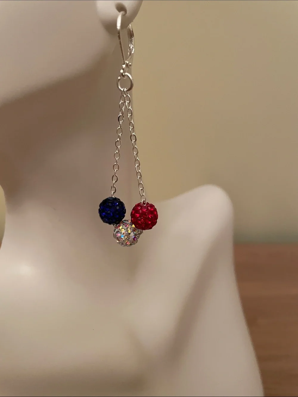 HAND CRAFTED PATRIOTIC RED WHITE & BLUE CRYSTAL DANGLE EARRINGS - 4th of July